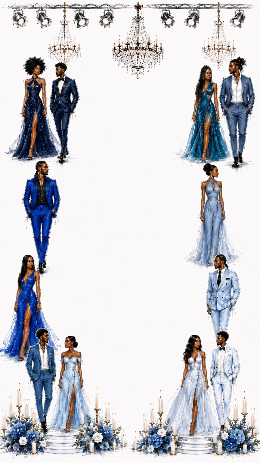 Silhouettes féminines et masculines en tenues de cérémonie dans différentes nuances de bleu