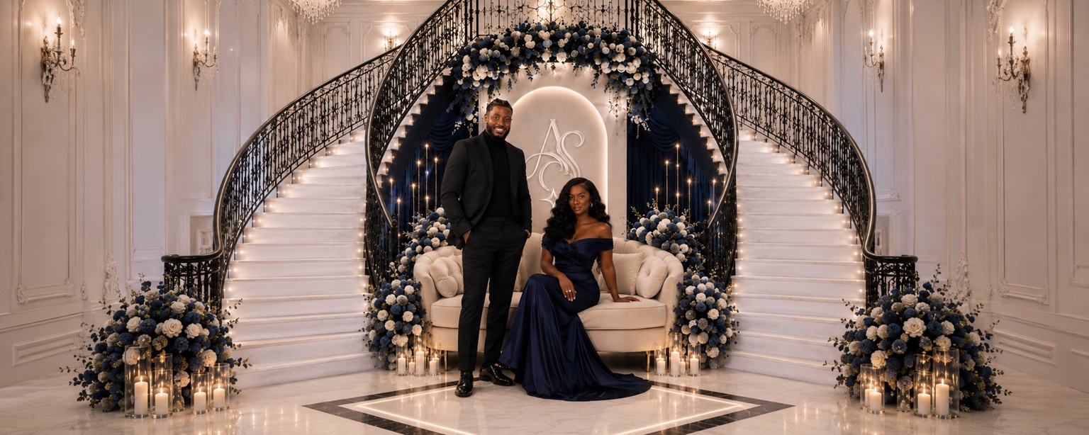 Saïmira et Aindi dans un décor de réception bleu royal