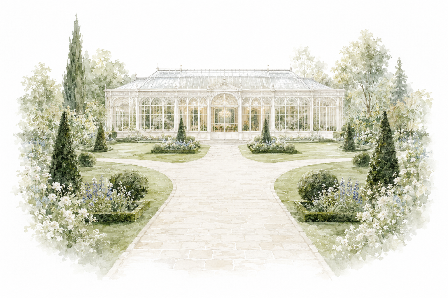 Illustration aquarellée du jardin et de la verrière de Gardénia Réceptions