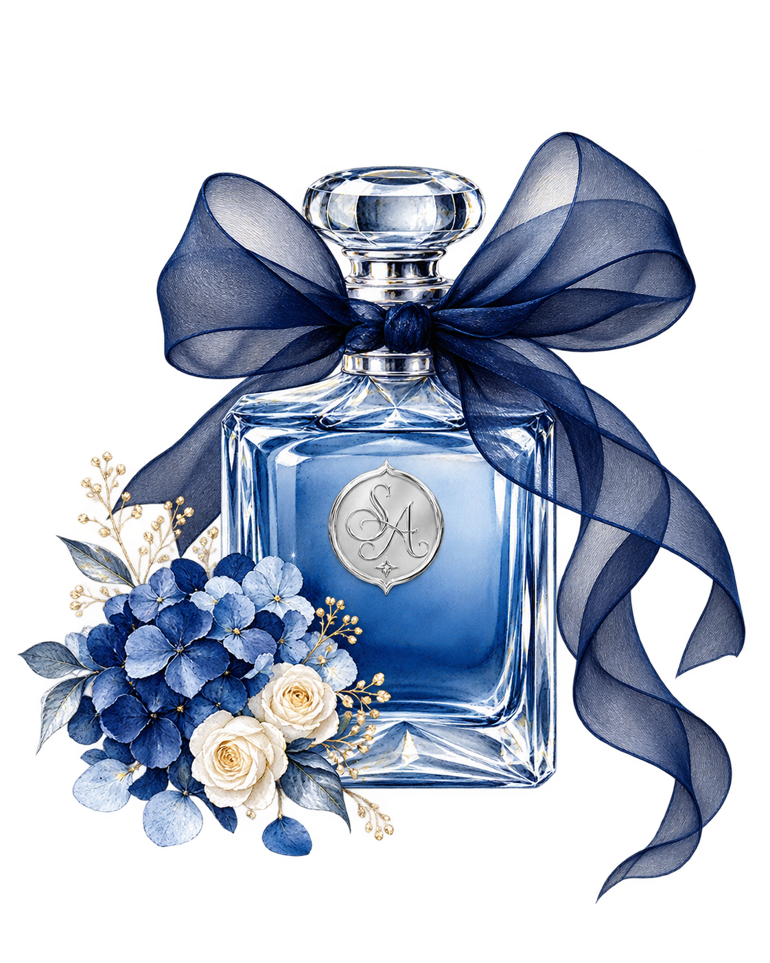 Flacon de parfum bleu royal, ruban couture et fleurs, monogramme S et A